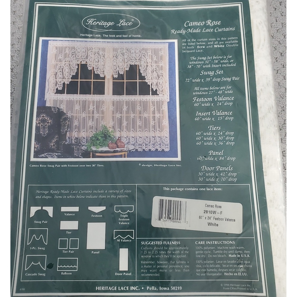 Vtg Heritage Lace Curtains CAMEO ROSE 60x24 Festoon Valance White NOS SEALED USA